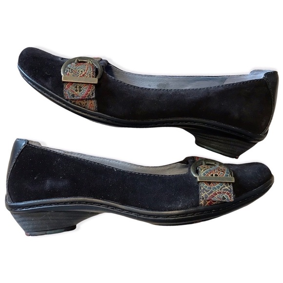 Indigo Black Suede and Leather Tapestry Buckle Flats - Picture 1 of 7
